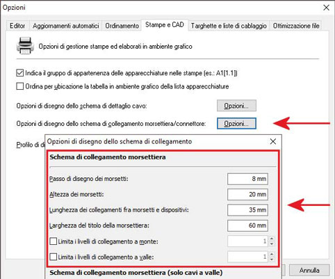 Opzioni su schema di collegamento morsettiera